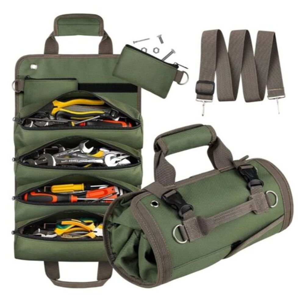 Heavy Duty Roll-Up Tool Bag with‎ Detachable Pouches and Shoulder Strap